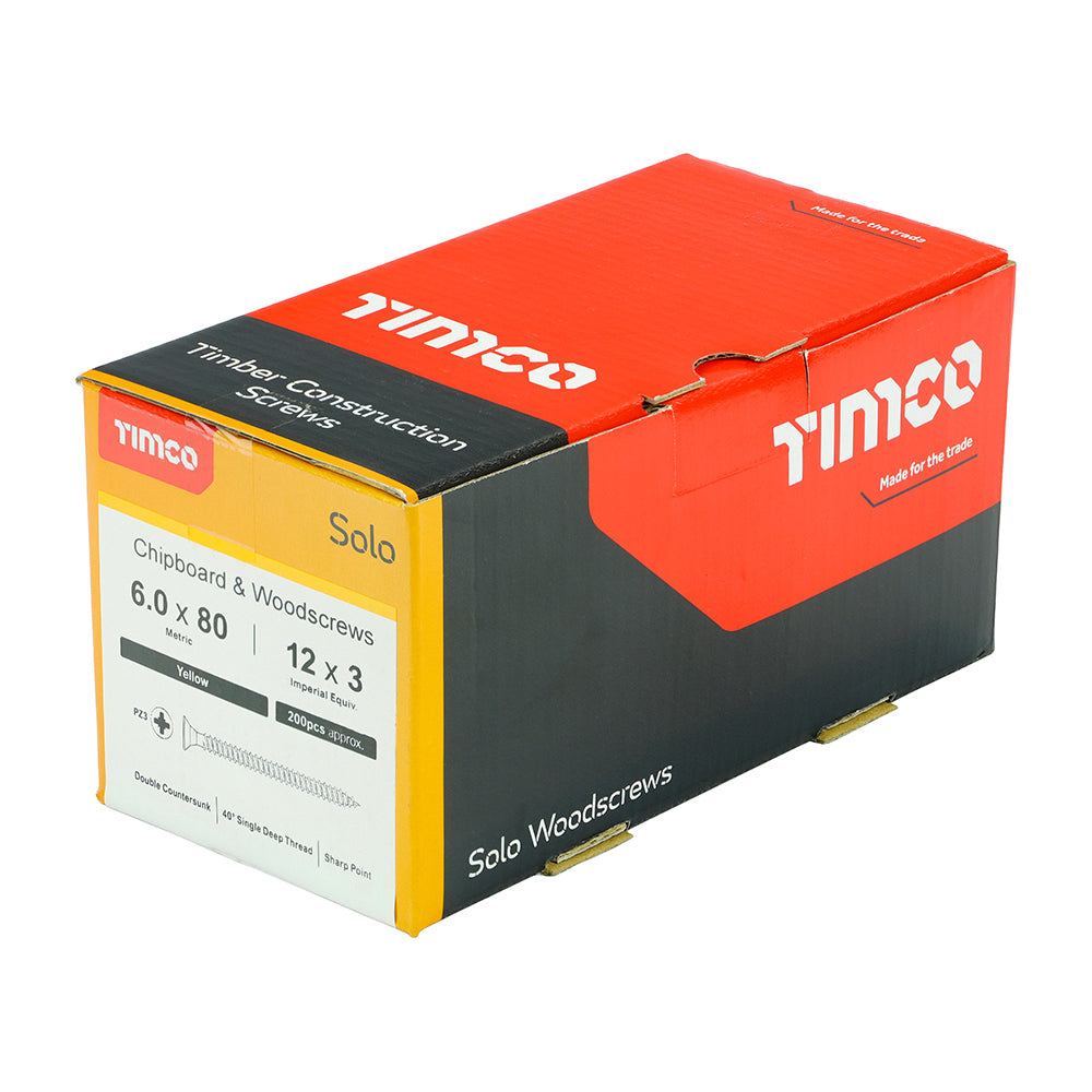 This is an image of Timco - Solo Chipboard & Woodscrews - PZ - Double Countersunk - Yellow 6.0 x 80mm - (200 PCS Box) 60080SOLOC