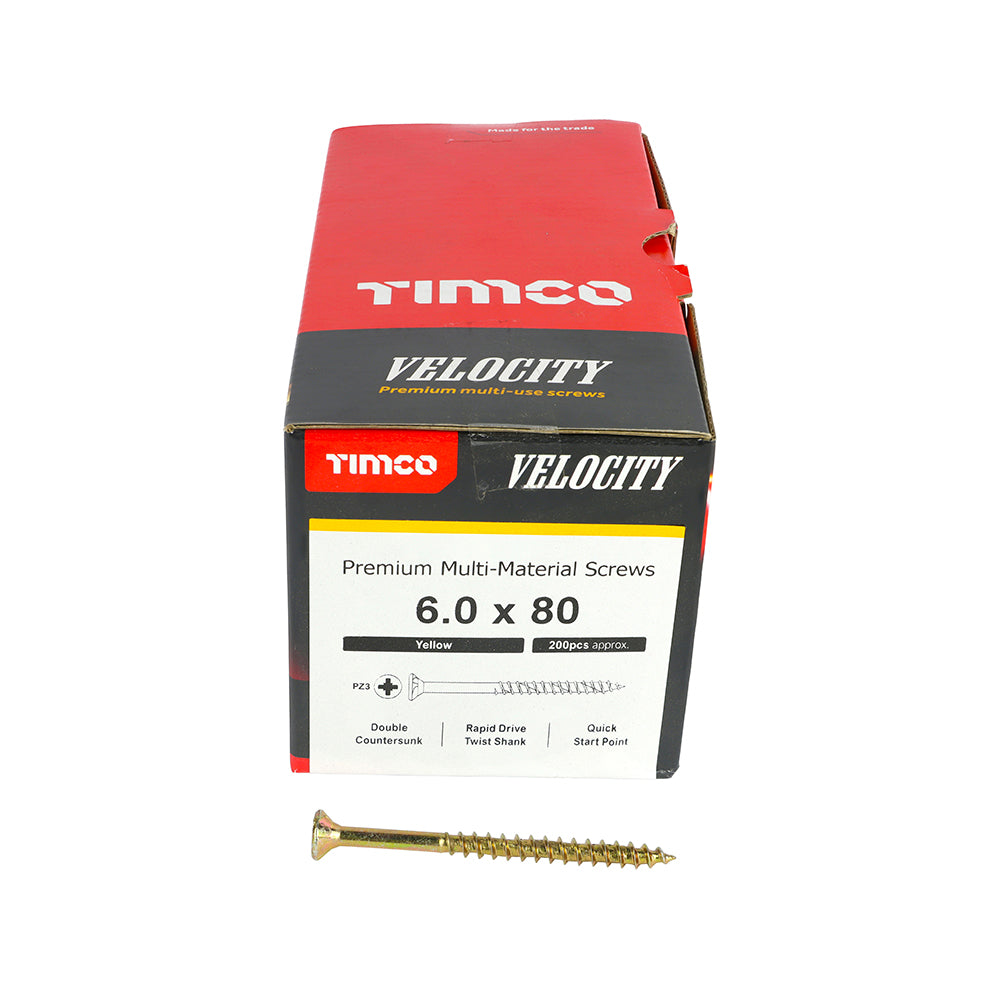 This is an image of Timco - Velocity Premium Multi-Use Screws - PZ - Double Countersunk - Yellow 6.0 x 80mm - (200 PCS Box) 60080VY