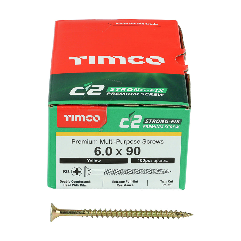 This is an image of Timco - C2 Strong-Fix Screws - PZ - Double Countersunk - Twin-Cut - Yellow 6.0 x 90mm - (100 PCS Box) 60090C2