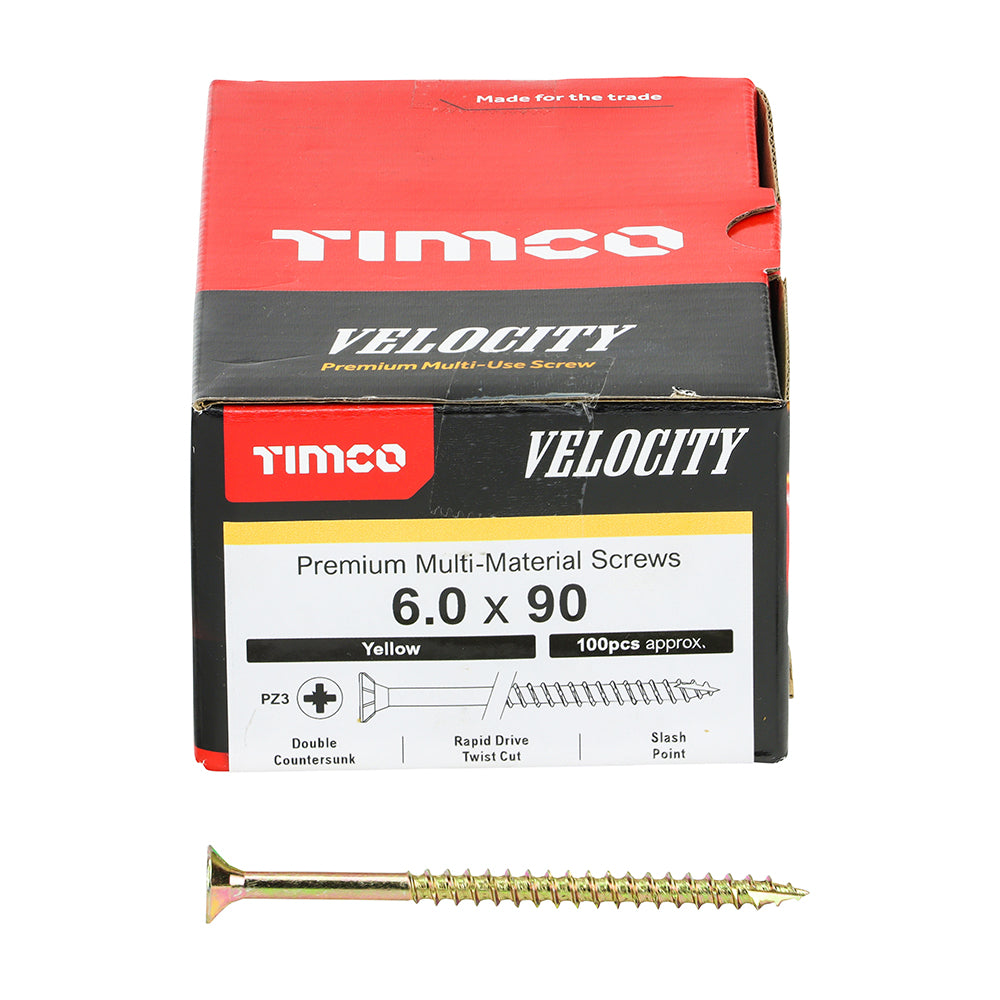 This is an image of Timco - Velocity Premium Multi-Use Screws - PZ - Double Countersunk - Yellow 6.0 x 90mm - (100 PCS Box) 60090VY