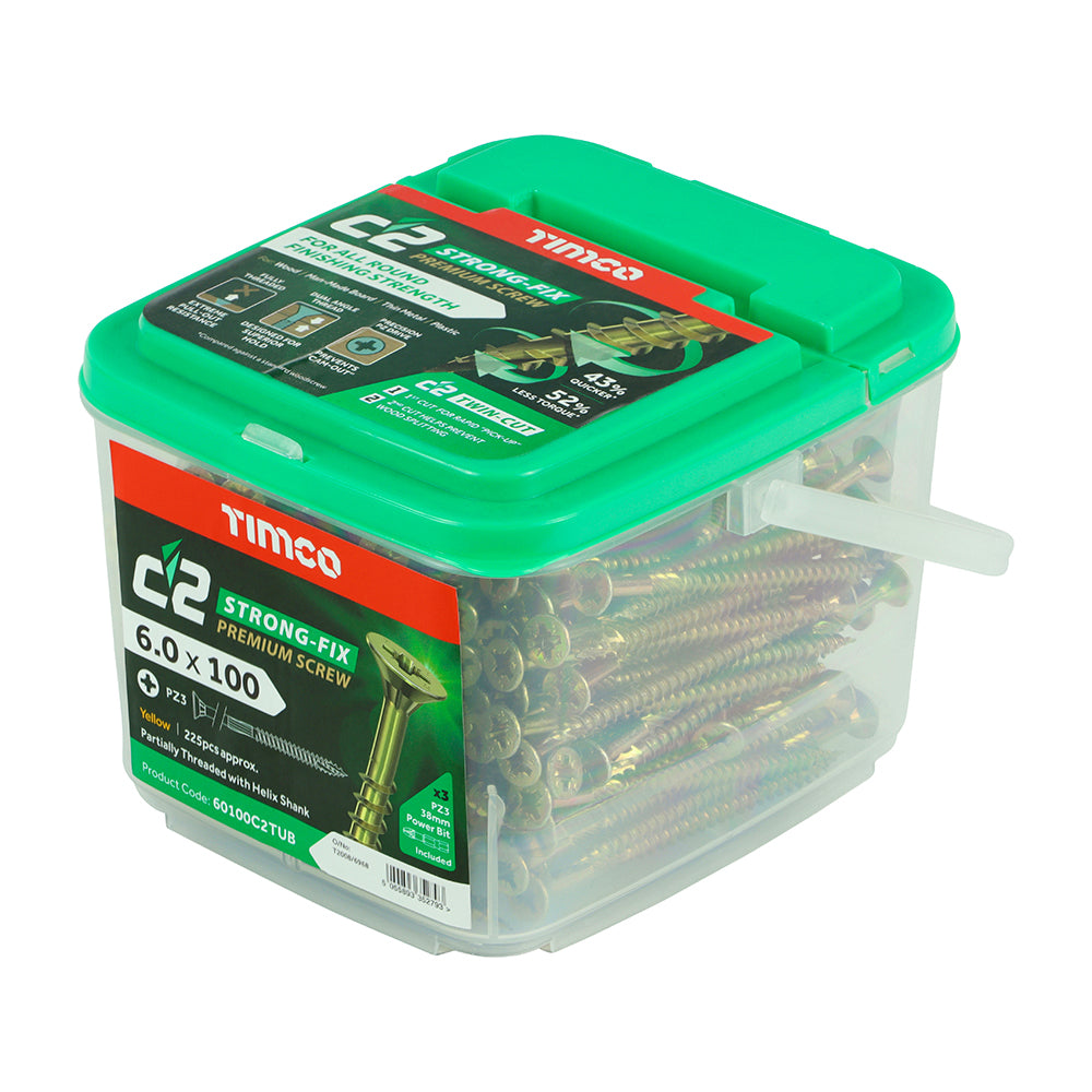 This is an image of Timco - C2 Strong-Fix Screws - PZ - Double Countersunk - Twin-Cut - Yellow 6.0 x 100mm - (225 PCS Tub) 60100C2TUB