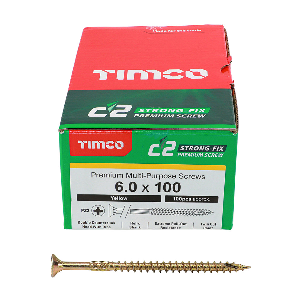 This is an image of Timco - C2 Strong-Fix Screws - PZ - Double Countersunk - Twin-Cut - Yellow 6.0 x 100mm - (100 PCS Box) 60100C2