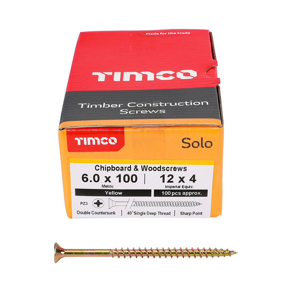 This is an image of Timco - Solo Chipboard & Woodscrews - PZ - Double Countersunk - Yellow 6.0 x 100mm - (100 PCS Box) 60100SOLOC