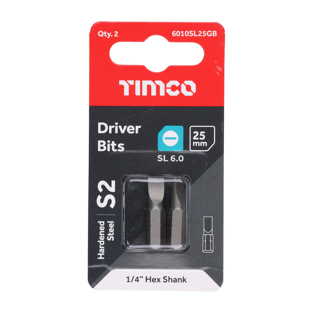 This is an image of Timco - S2 Driver Bits - SL 6.0 x 1.0 x 25 (2 Pieces Blister Pack) 6010SL25GB
