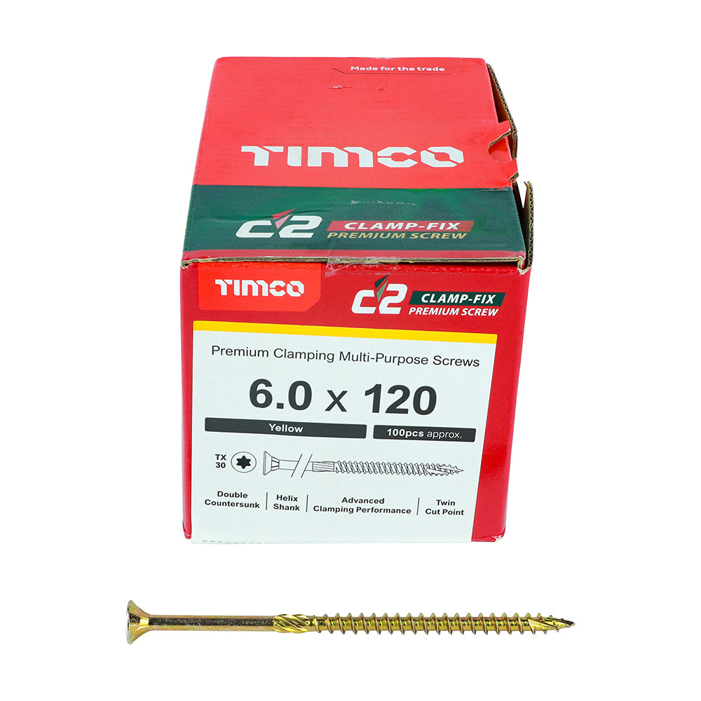 This is an image of Timco - C2 Clamp-Fix Screws - TX - Double Countersunk with Ribs - Twin-Cut - Yellow 6.0 x 120mm - (100 PCS Box) 60120C2C