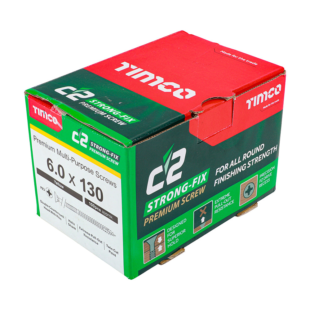 This is an image of Timco - C2 Strong-Fix Screws - PZ - Double Countersunk - Twin-Cut - Yellow 6.0 x 130mm - (100 PCS Box) 60130C2