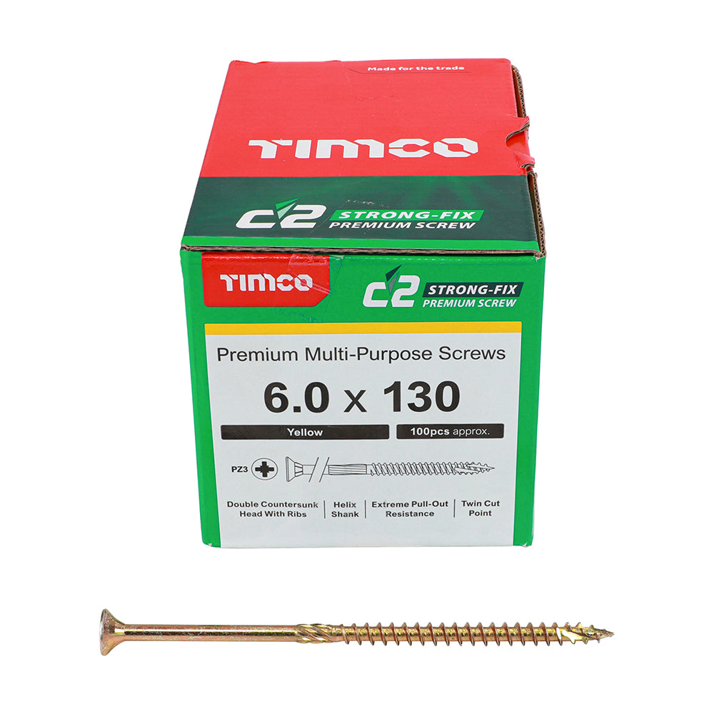 This is an image of Timco - C2 Strong-Fix Screws - PZ - Double Countersunk - Twin-Cut - Yellow 6.0 x 130mm - (100 PCS Box) 60130C2