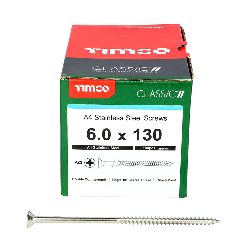 This is an image of Timco - Classic Multi-Purpose Screws - PZ - Double Countersunk - A4 Stainless Steel 6.0 x 130mm - (100 PCS Box) 60130CLA4