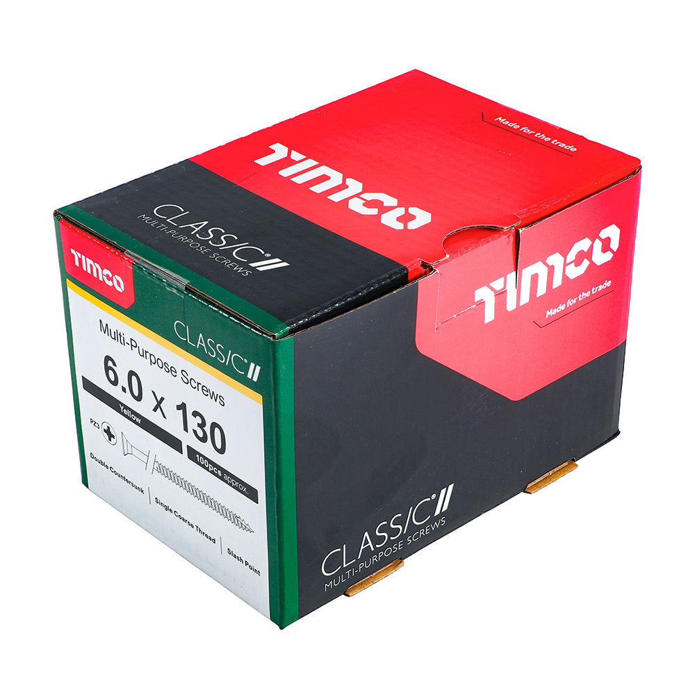 This is an image of Timco - Classic Multi-Purpose Screws - PZ - Double Countersunk - Yellow 6.0 x 130mm - (100 PCS Box) 60130CLAF