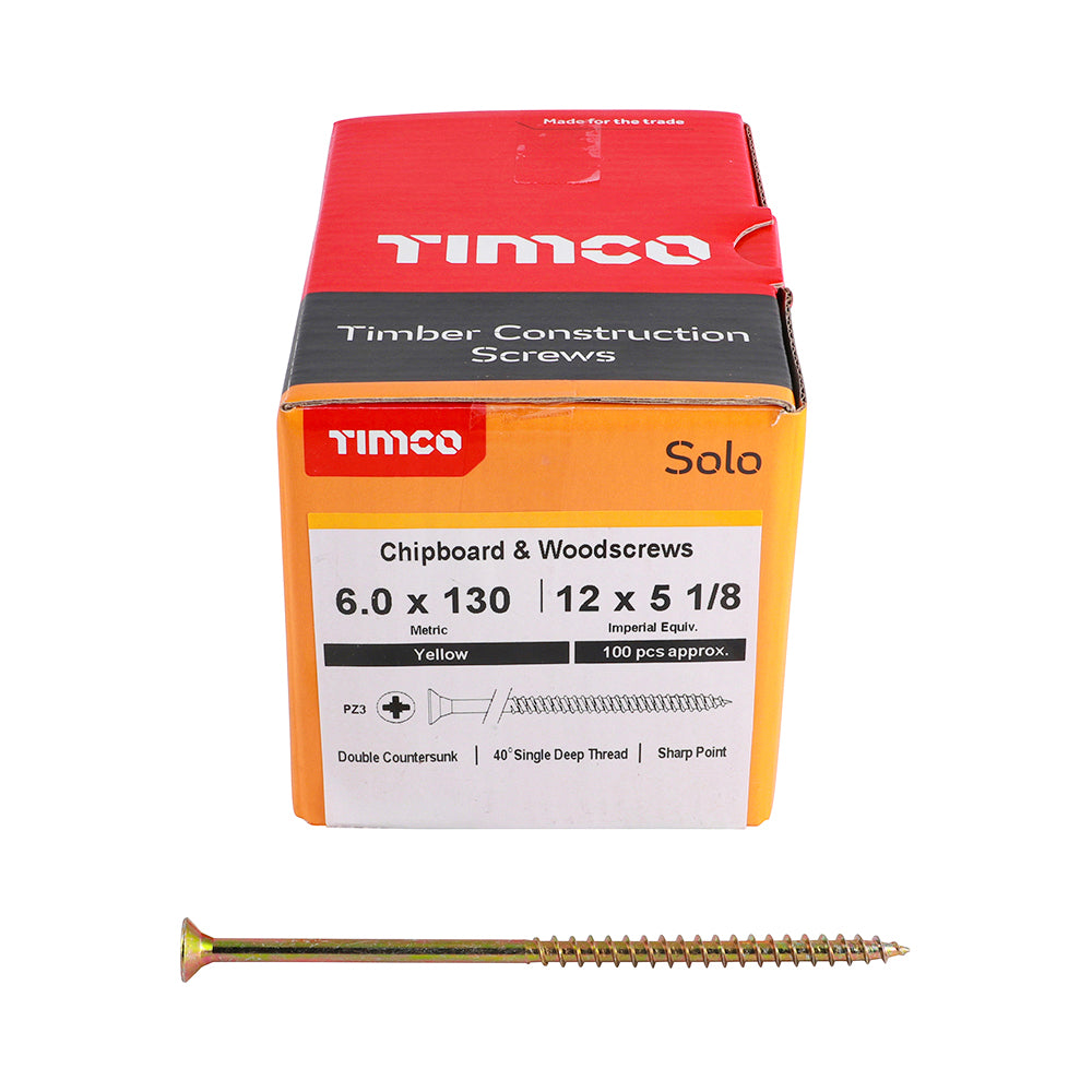 This is an image of Timco - Solo Chipboard & Woodscrews - PZ - Double Countersunk - Yellow 6.0 x 130mm - (100 PCS Box) 60130SOLOC