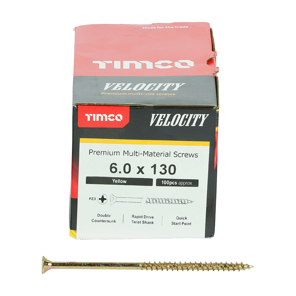 This is an image of Timco - Velocity Premium Multi-Use Screws - PZ - Double Countersunk - Yellow 6.0 x 130mm - (100 PCS Box) 60130VY