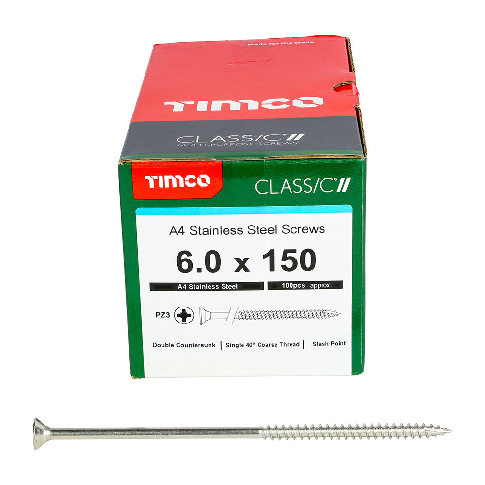 This is an image of Timco - Classic Multi-Purpose Screws - PZ - Double Countersunk - A4 Stainless Steel 6.0 x 150mm - (100 PCS Box) 60150CLA4