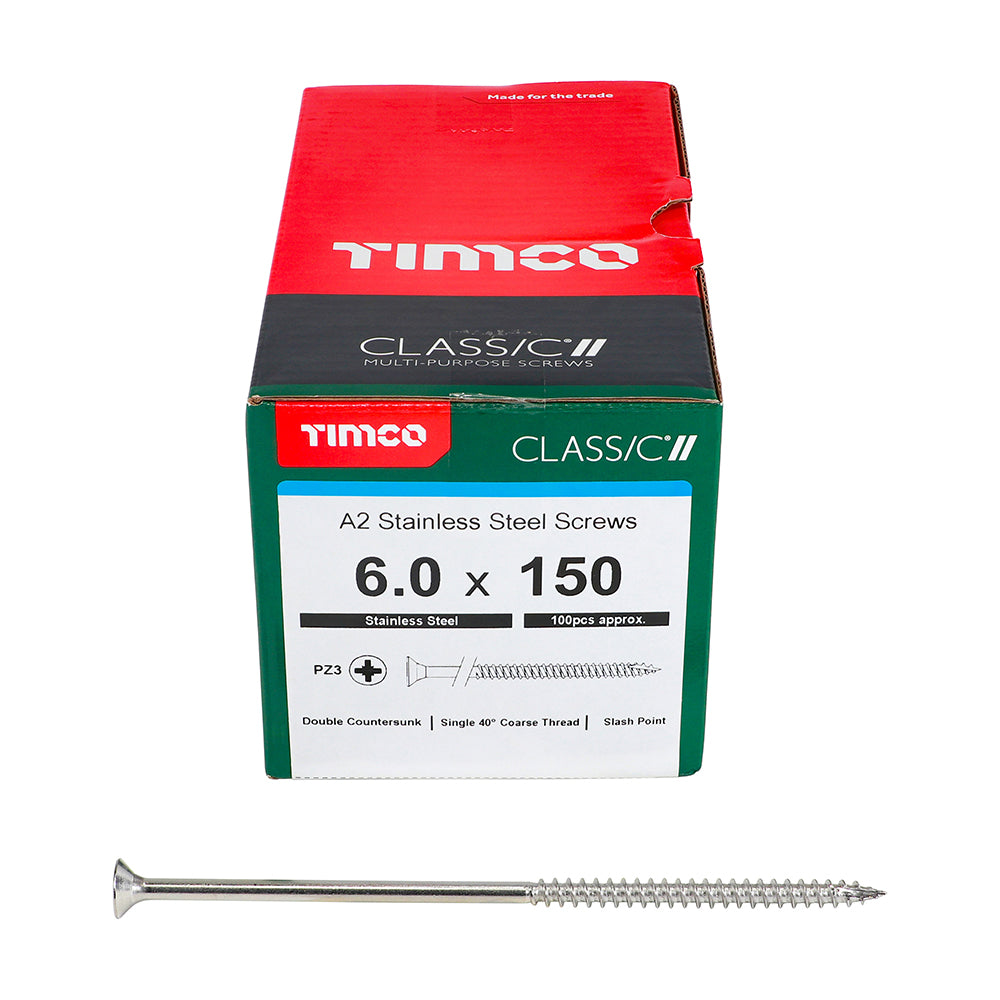 This is an image of Timco - Classic Multi-Purpose Screws - PZ - Double Countersunk - A2 Stainless Steel 6.0 x 150mm - (100 PCS Box) 60150CLASS