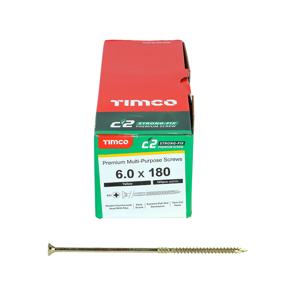 This is an image of Timco - C2 Strong-Fix Screws - PZ - Double Countersunk - Twin-Cut - Yellow 6.0 x 180mm - (100 PCS Box) 60180C2