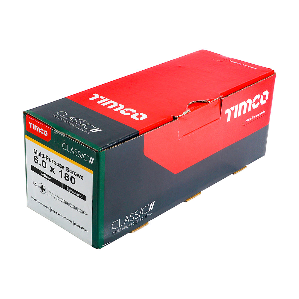 This is an image of Timco - Classic Multi-Purpose Screws - PZ - Double Countersunk - Yellow 6.0 x 180mm - (100 PCS Box) 60180CLAF