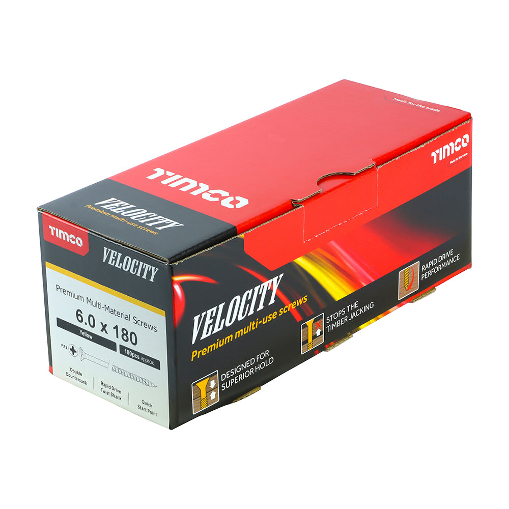 This is an image of Timco - Velocity Premium Multi-Use Screws - PZ - Double Countersunk - Yellow 6.0 x 180mm - (100 PCS Box) 60180VY