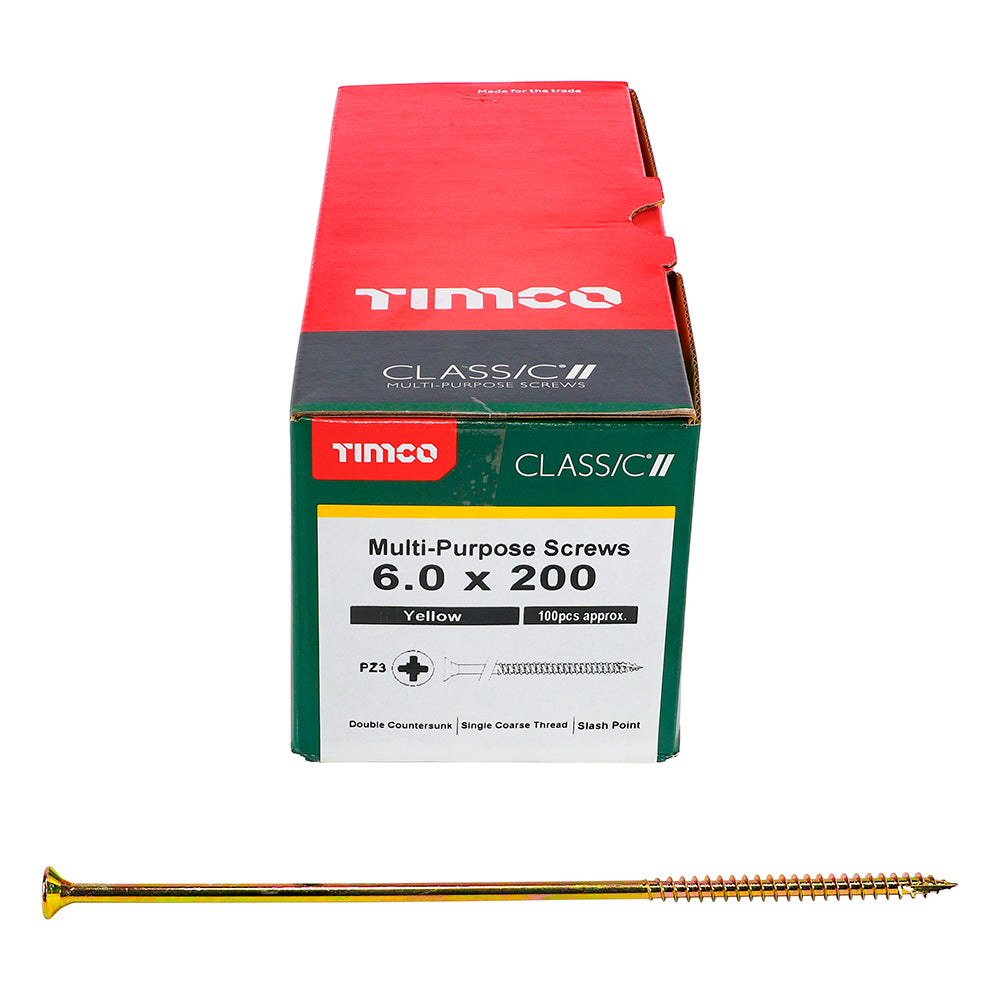 This is an image of Timco - Classic Multi-Purpose Screws - PZ - Double Countersunk - Yellow 6.0 x 200mm - (100 PCS Box) 60200CLAF