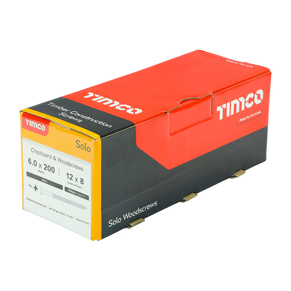 This is an image of Timco - Solo Chipboard & Woodscrews - PZ - Double Countersunk - Zinc 6.0 x 200mm - (100 PCS Box) 60200SOLOZ