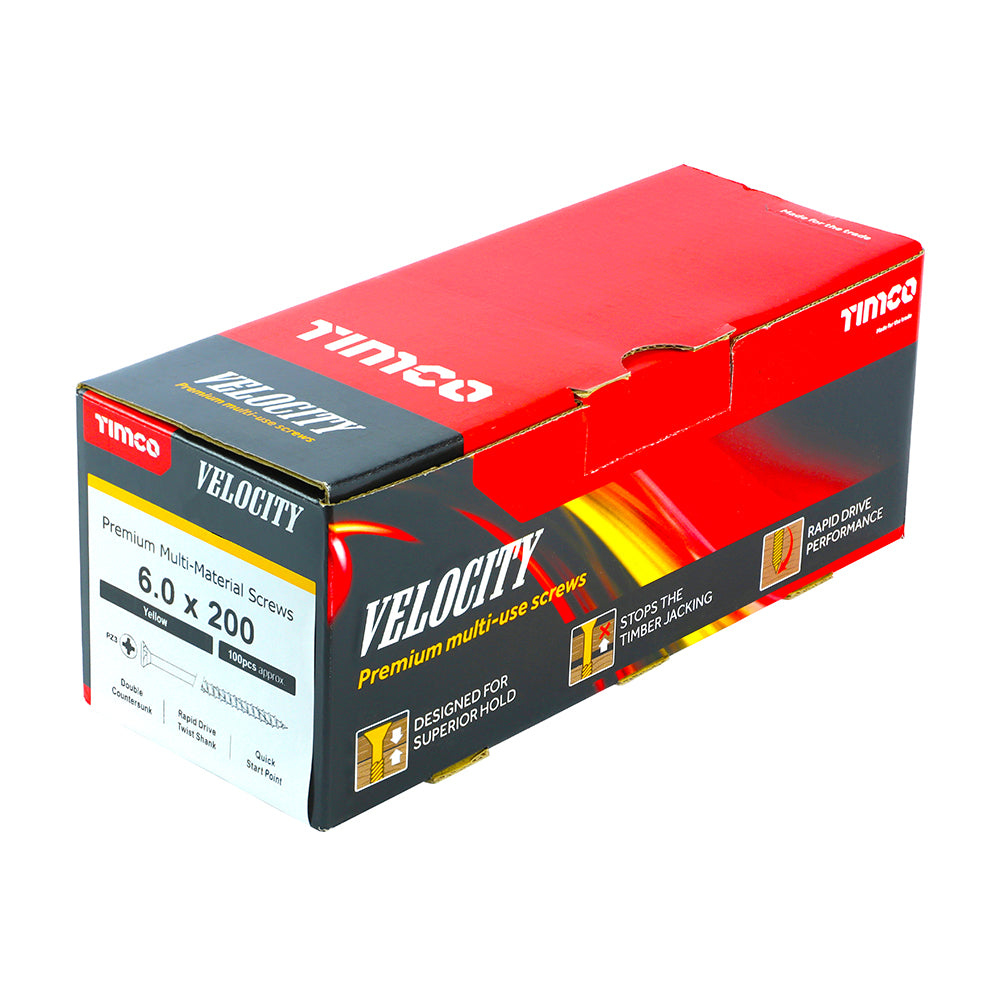 This is an image of Timco - Velocity Premium Multi-Use Screws - PZ - Double Countersunk - Yellow 6.0 x 200mm - (100 PCS Box) 60200VY