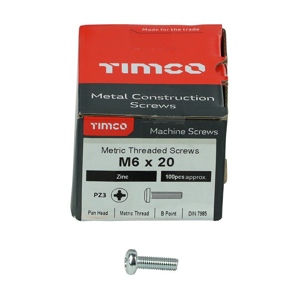 This is an image of Timco - Metric Threaded Machine Screws - PZ - Pan Head - Zinc M6 x 20mm - (100 PCS Box) 6020PPM