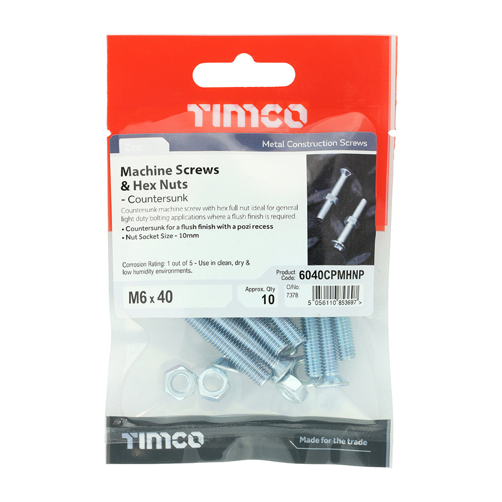 This is an image of Timco - Machine Screws - PZ - Countersunk & Hex Nuts - Zinc M6 x 40mm - (10 PCS TIMpac) 6040CPMHNP