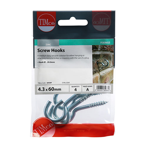 This is an image of Timco - Screw Hooks - Zinc 60mm - (4 PCS TIMpac) 60SHP