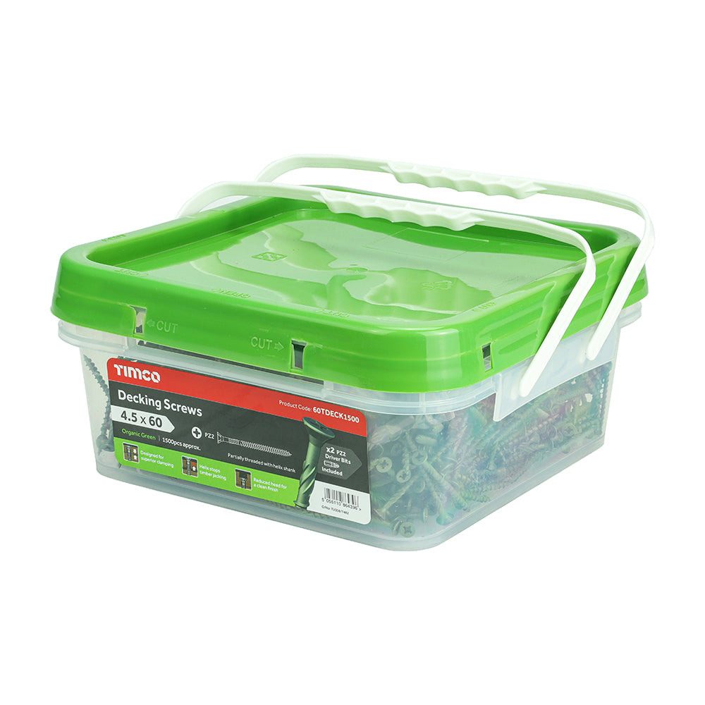 This is an image of Timco - Decking Screws - PZ - Double Countersunk - Exterior - Green 4.5 x 60mm - (1500 PCS Tub) 60TDECK1500