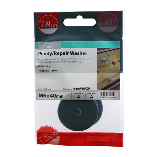 This is an image of Timco - Penny / Repair Washers - Zinc M6 x 40mm - (4 PCS TIMpac) 640WHPZP