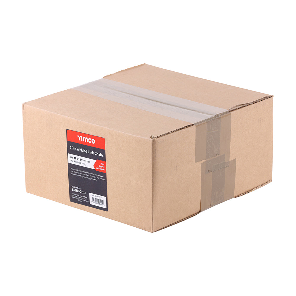 This is an image of Timco - Welded Link Chain - Hot Dipped Galvanised 6 x 42 x 12mm (10m) (1 Each Box) 642HDGC10