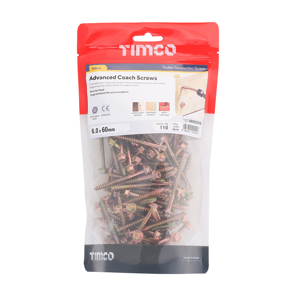 This is an image of Timco - Advanced Coach Screws - Hex Flange - Yellow 6.0 x 60mm - (110 PCS TIMbag) 660SCSYB