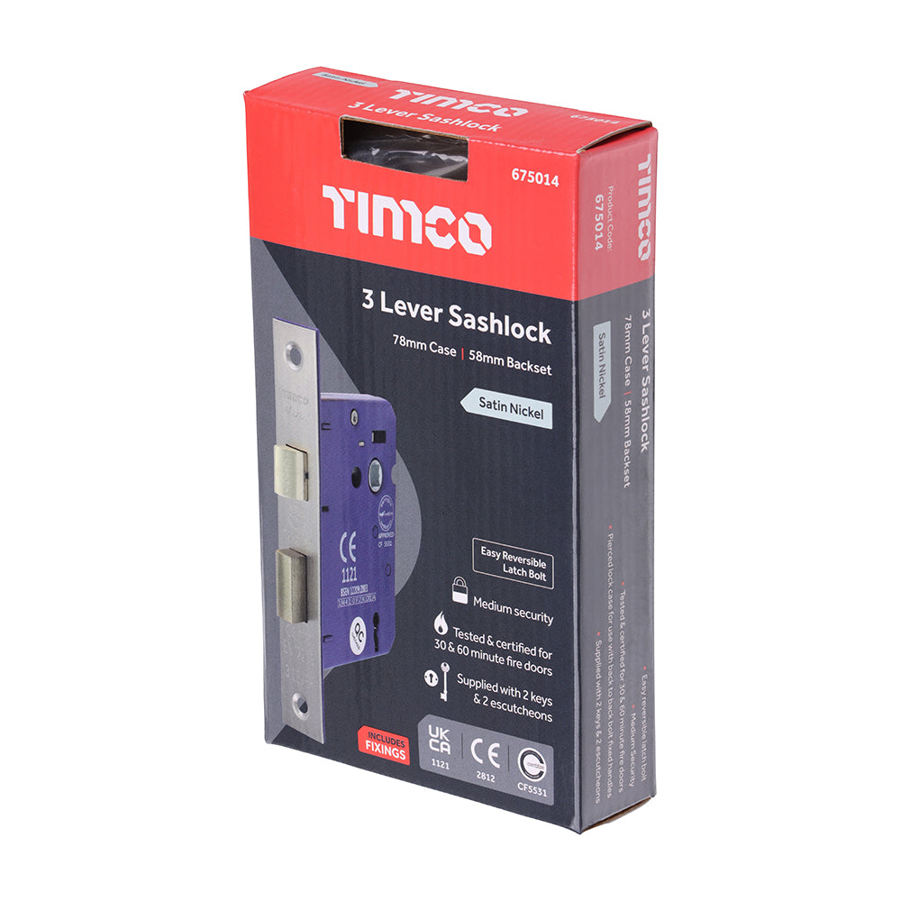 This is an image of Timco - 3 Lever Sashlock - Satin Nickel 78 case / 58 backset (1 Each Box) 675014