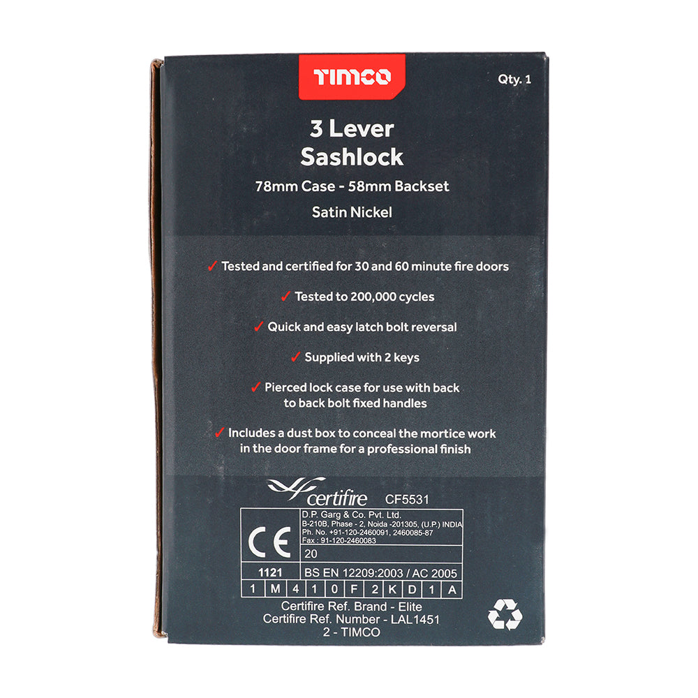 This is an image of Timco - 3 Lever Sashlock - Satin Nickel 78 case / 58 backset (1 Each Box) 675014