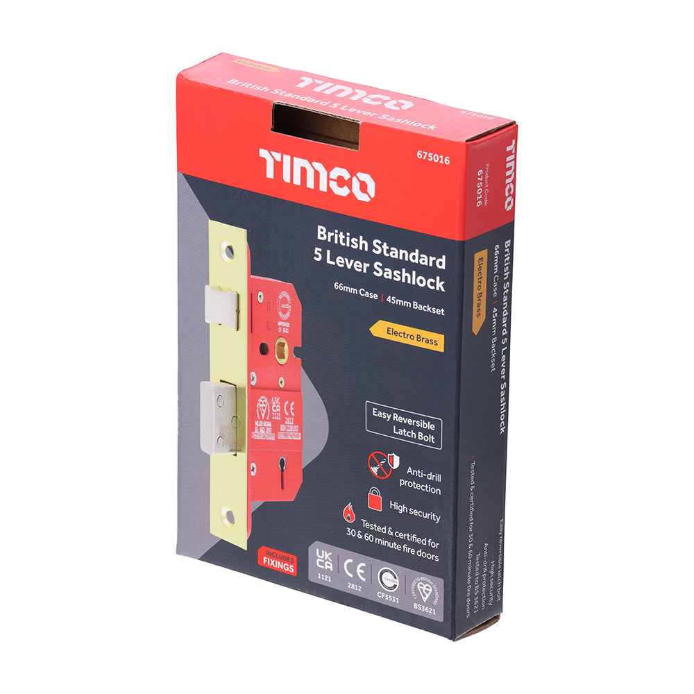 This is an image of Timco - 5 Lever British Standard CE Sashlock - Electro Brass 66 case / 45 backset (1 Each Box) 675016
