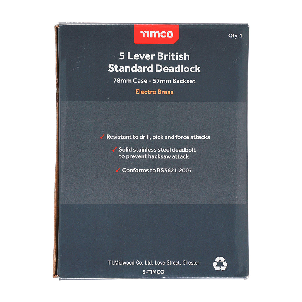 This is an image of Timco - 5 Lever British Standard Deadlock - Electro Brass 78 case / 57 backset (1 Each Box) 675157