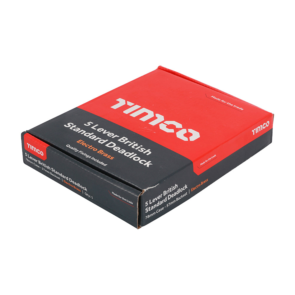 This is an image of Timco - 5 Lever British Standard Deadlock - Electro Brass 78 case / 57 backset (1 Each Box) 675157