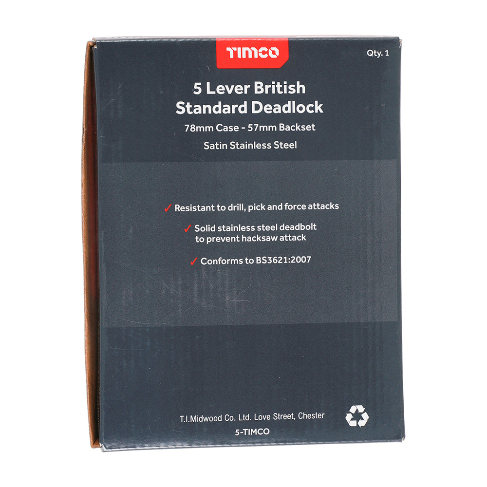This is an image of Timco - 5 Lever British Standard Deadlock - Stainless Steel - Satin 78 case / 57 backset (1 Each Box) 675220