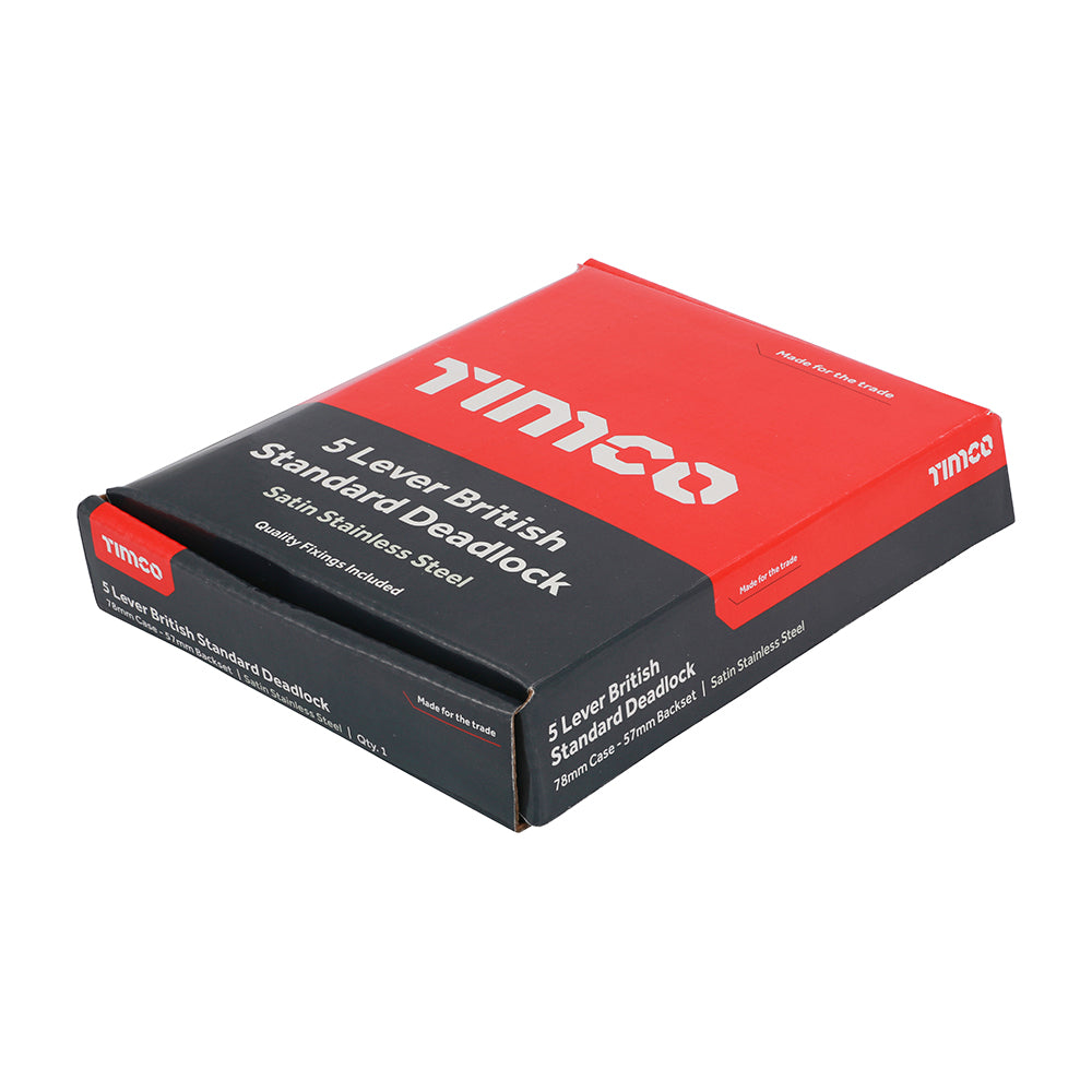 This is an image of Timco - 5 Lever British Standard Deadlock - Stainless Steel - Satin 78 case / 57 backset (1 Each Box) 675220