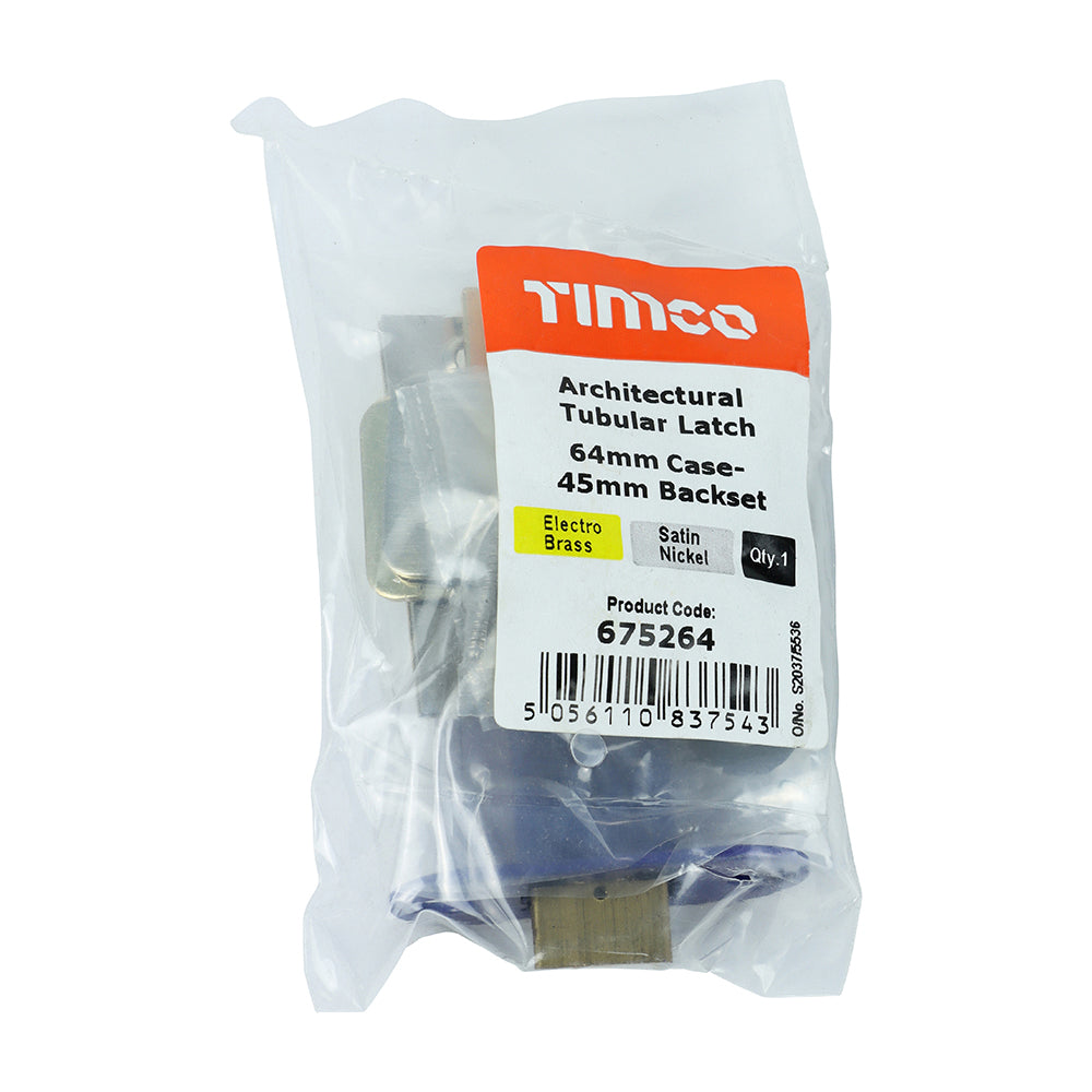 This is an image of Timco - Architectural Tubular Latch - Electro Brass & Satin Nickel 64 case / 45 backset (1 Each Plain Bag) 675264