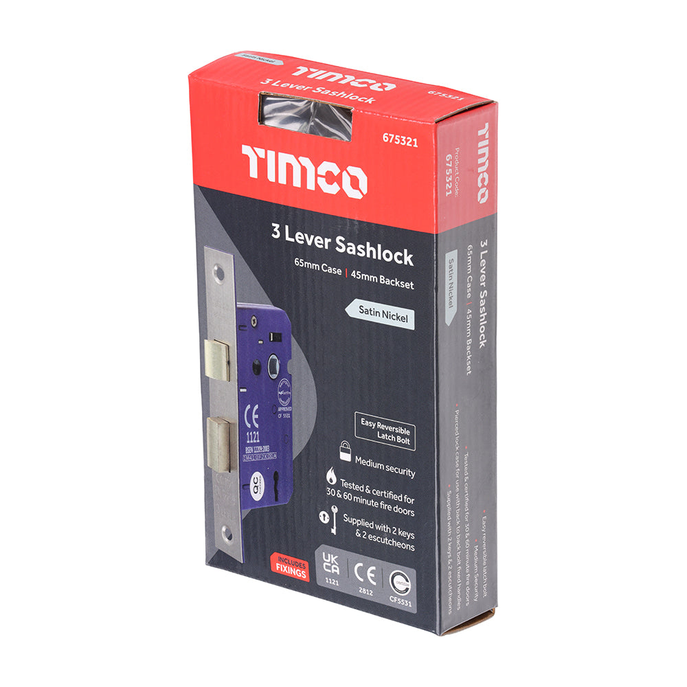 This is an image of Timco - 3 Lever Sashlock - Satin Nickel 65 case / 45 backset (1 Each Box) 675321