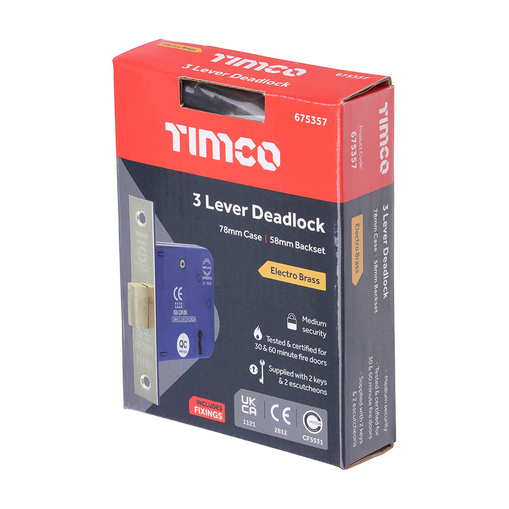 This is an image of Timco - 3 Lever Deadlock - Electro Brass 78 case / 58 backset (1 Each Box) 675357