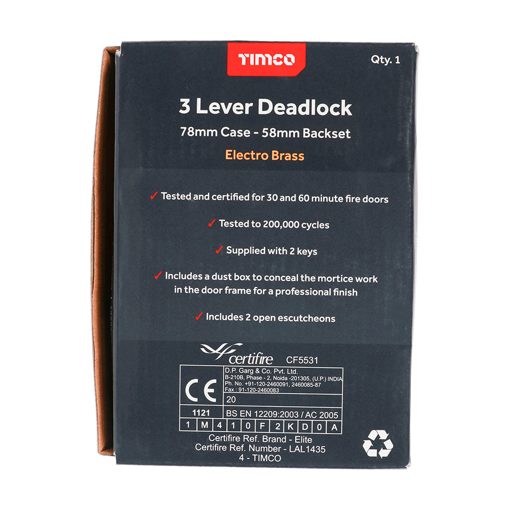 This is an image of Timco - 3 Lever Deadlock - Electro Brass 78 case / 58 backset (1 Each Box) 675357