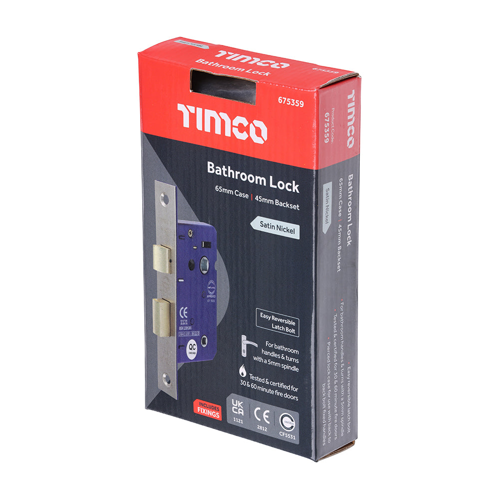 This is an image of Timco - Bathroom Lock - Satin Nickel 65mm (1 Each Box) 675359