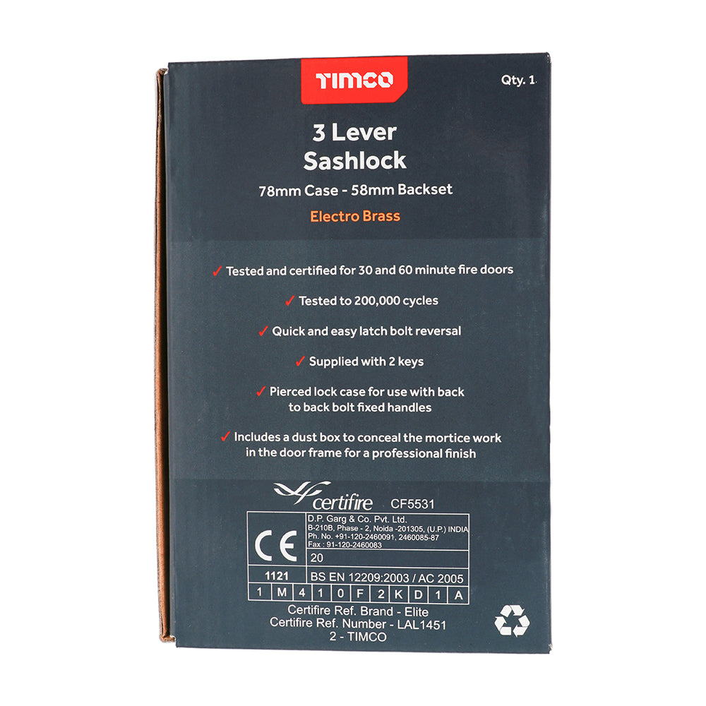 This is an image of Timco - 3 Lever Sashlock - Electro Brass 78 case / 58 backset (1 Each Box) 675456