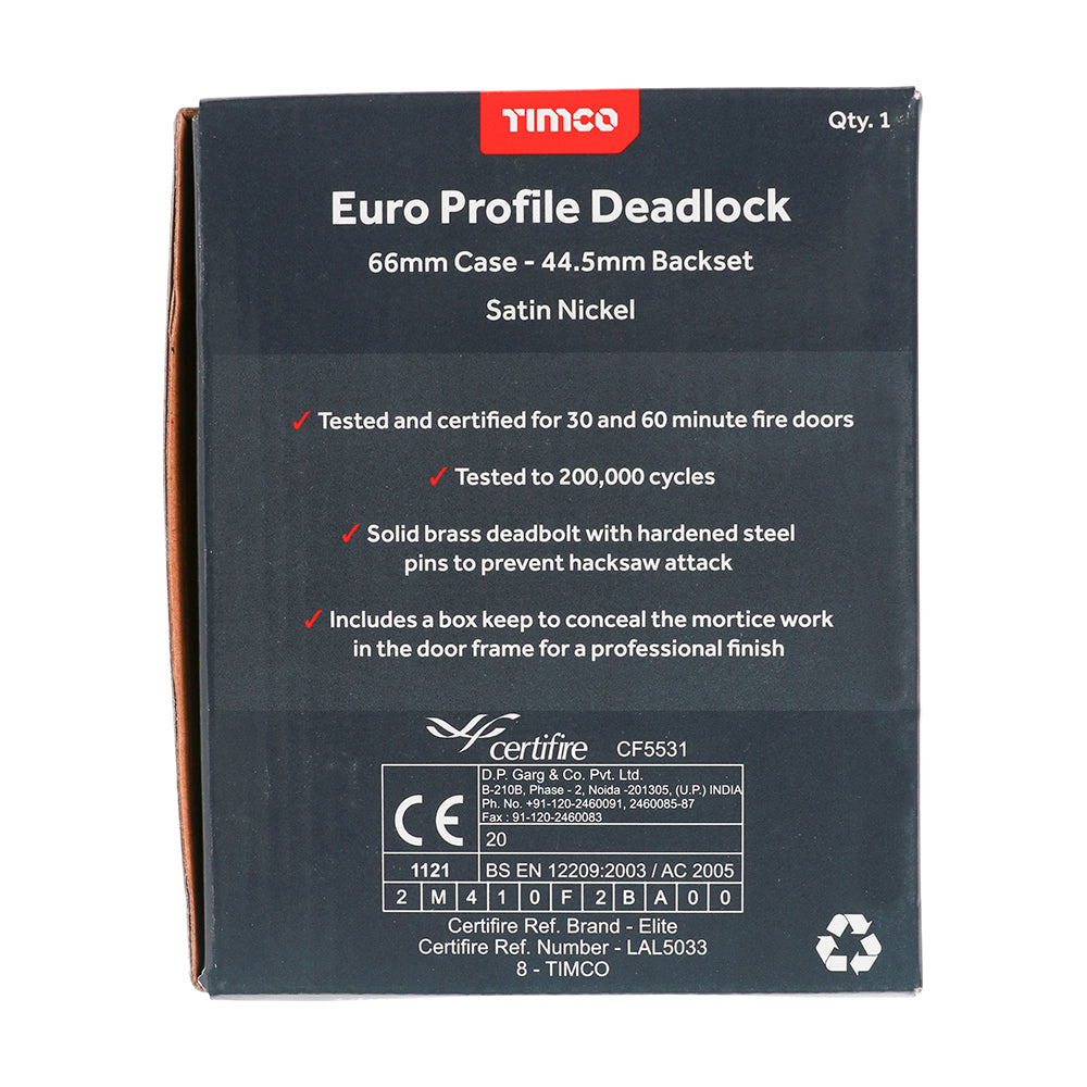 This is an image of Timco - Euro Deadlock - Satin Nickel 66 case / 45 backset (1 Each Box) 675513