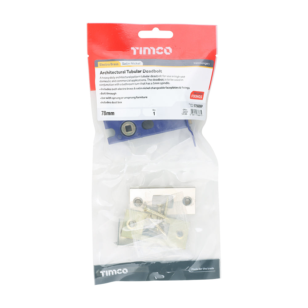 This is an image of Timco - Architectural Tubular Deadbolt - Electro Brass & Satin Nickel 78 case / 57 backset (1 Each TIMbag) 675606P