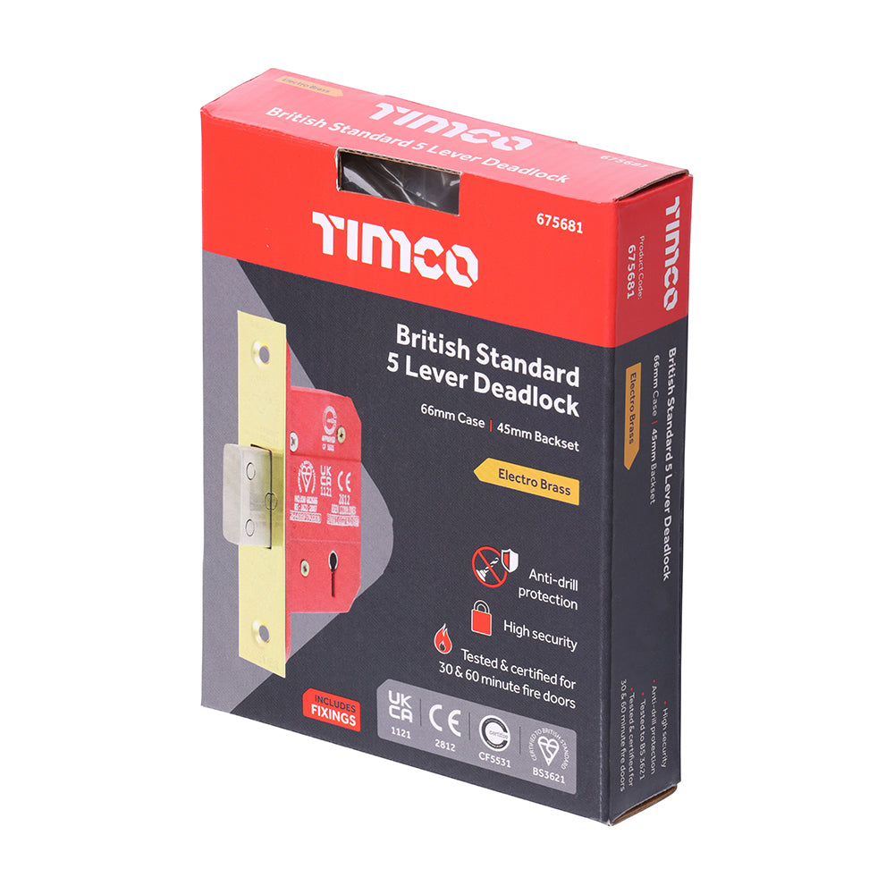 This is an image of Timco - 5 Lever British Standard CE Deadlock - Electro Brass 66 case / 45 backset (1 Each Box) 675681