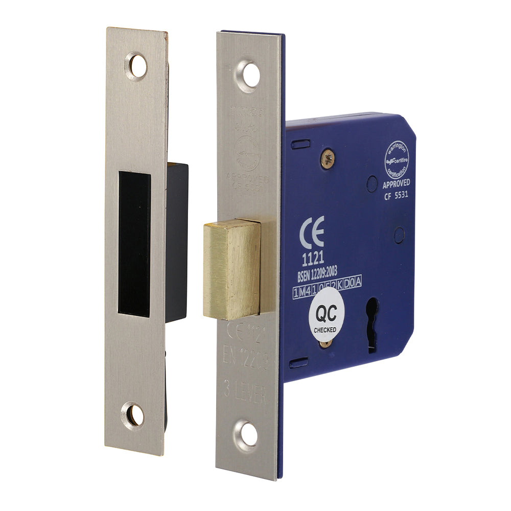This is an image of Timco - 3 Lever Deadlock - Satin Nickel 65 case / 45 backset (1 Each Box) 675751