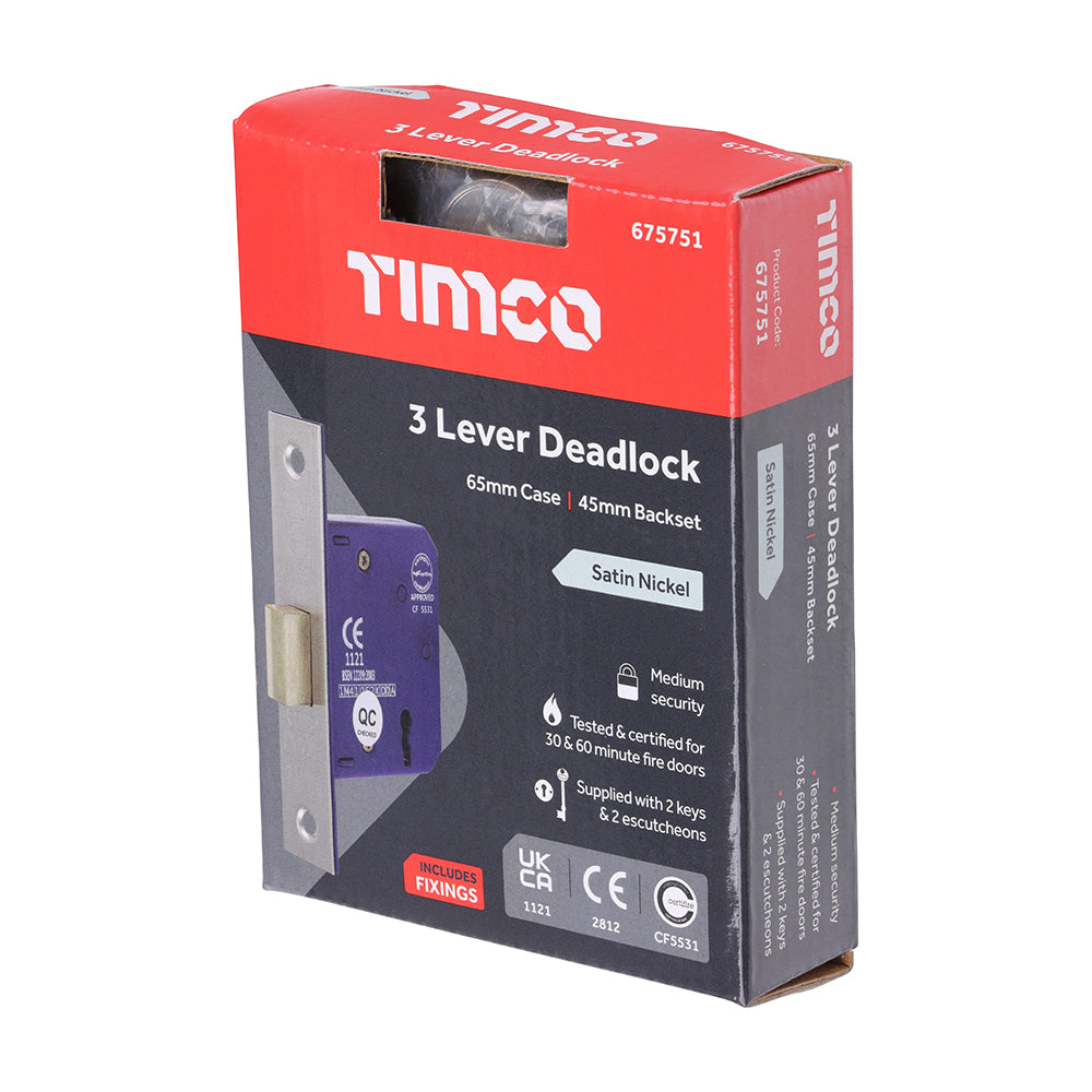 This is an image of Timco - 3 Lever Deadlock - Satin Nickel 65 case / 45 backset (1 Each Box) 675751