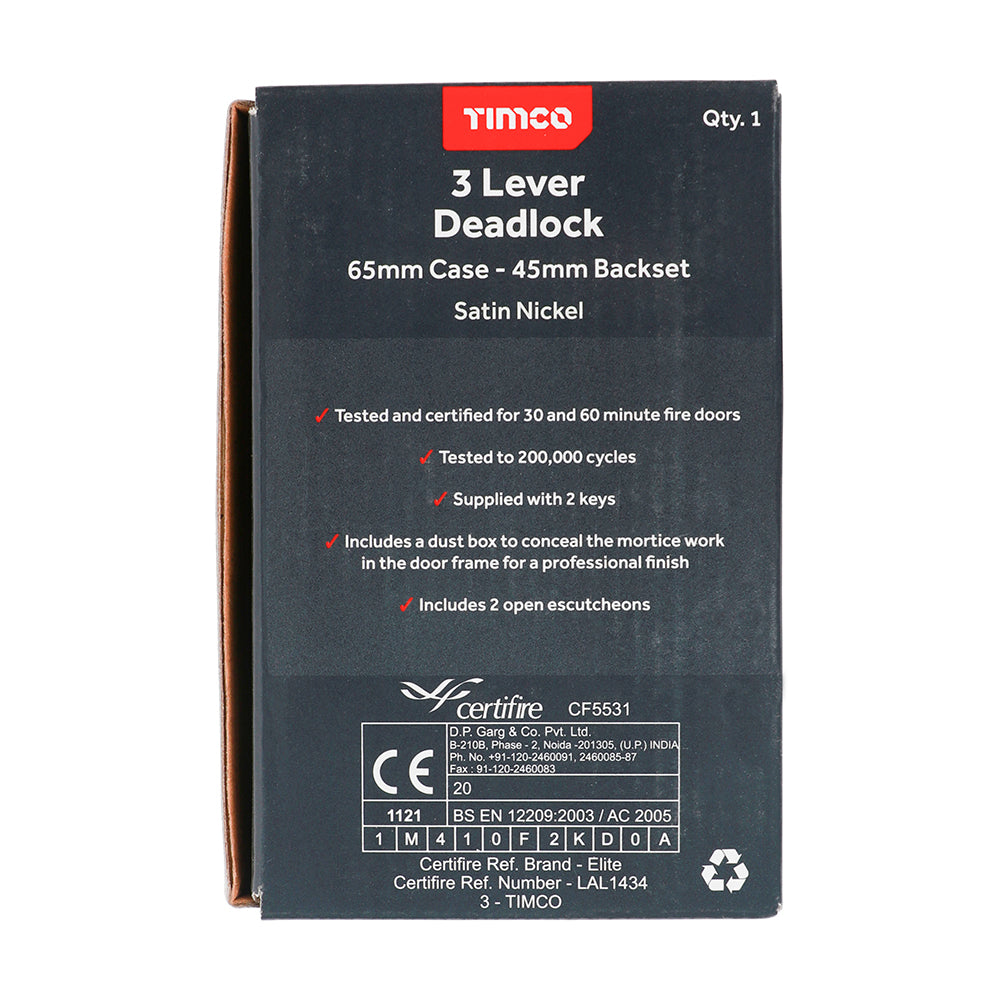 This is an image of Timco - 3 Lever Deadlock - Satin Nickel 65 case / 45 backset (1 Each Box) 675751