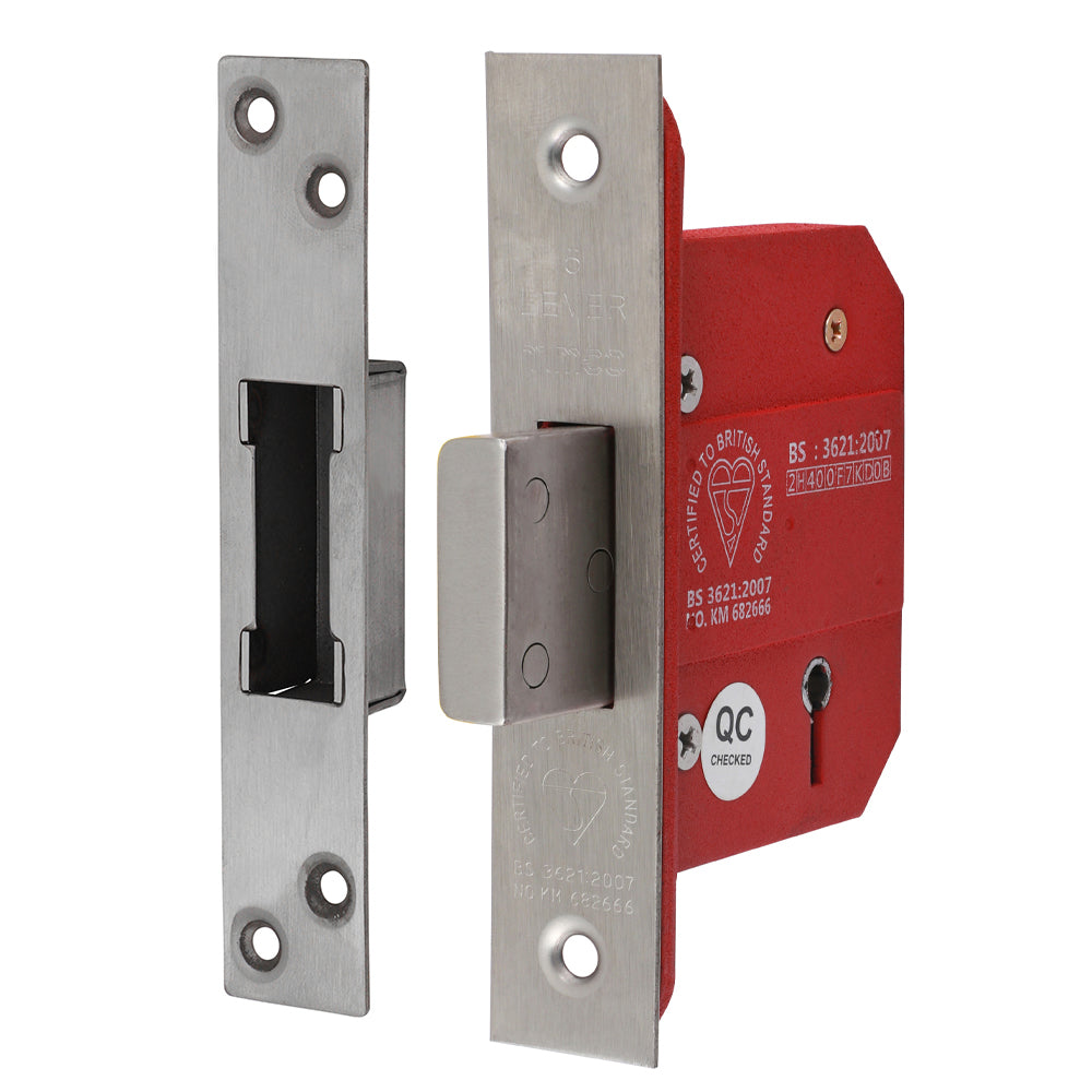 This is an image of Timco - 5 Lever British Standard CE Deadlock - Stainless Steel - Satin 66 case / 45 backset (1 Each Box) 675888